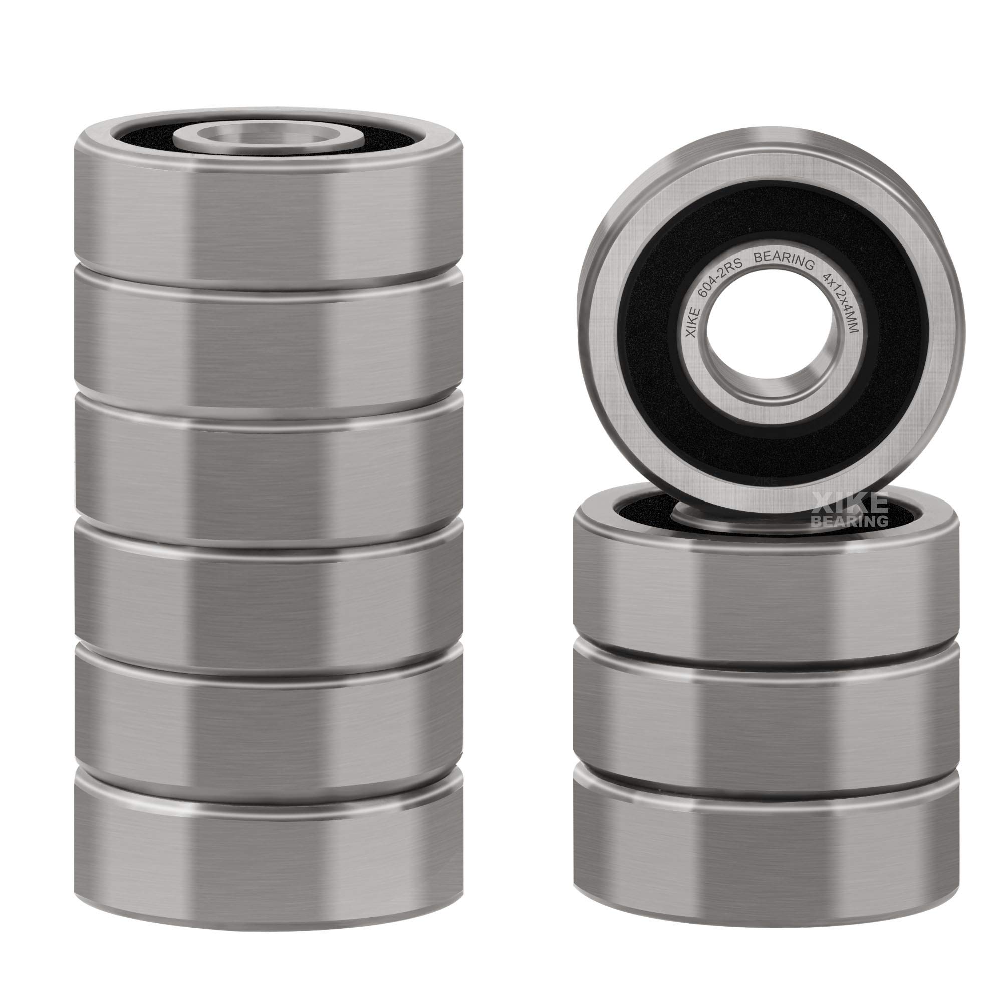 XIKE 604-2RS Sealed Ball Bearings 4x12x4mm, 604RS Deep Groove Ball Bearing with Double Rubber Seal and Chrome Steel, Pack of 10.