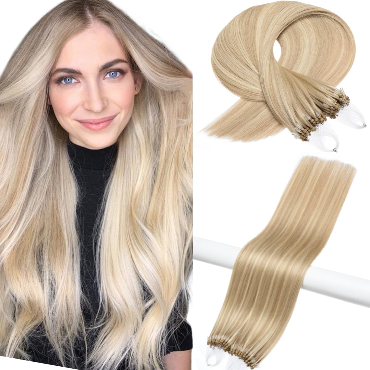 Kun Na Micro Loop Hair Extensions Real Human Hair Bleach Blonde with Ash Blonde Multi-Colours Remy Straight Micro Beads Hair Extensions 50g/pack(24 inch, #18/613) — image 1