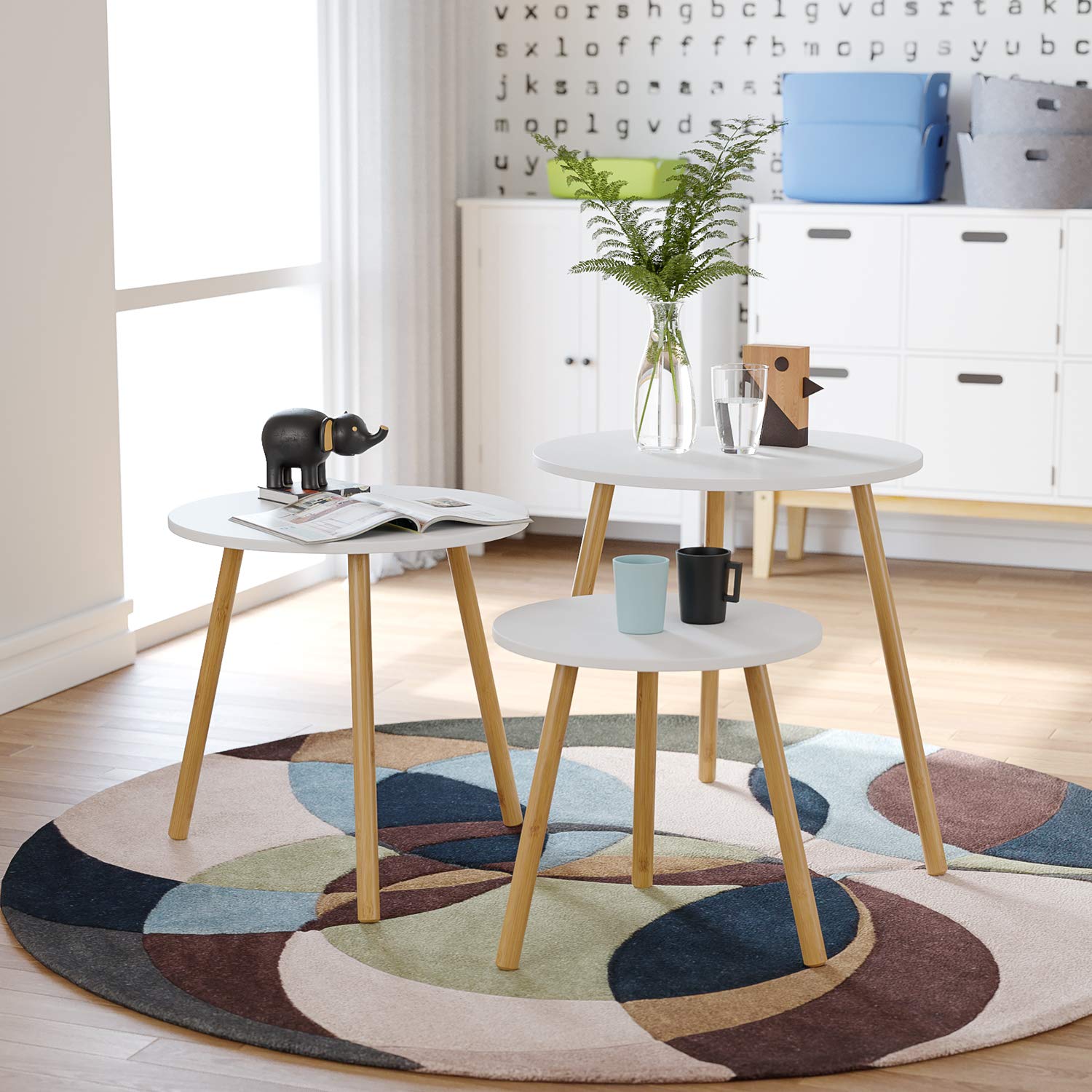 Homfa 3X Beistelltisch Couchtisch Wohnzimmertisch Kaffetisch Satztisch Set Skandinavisch Rund Weiß