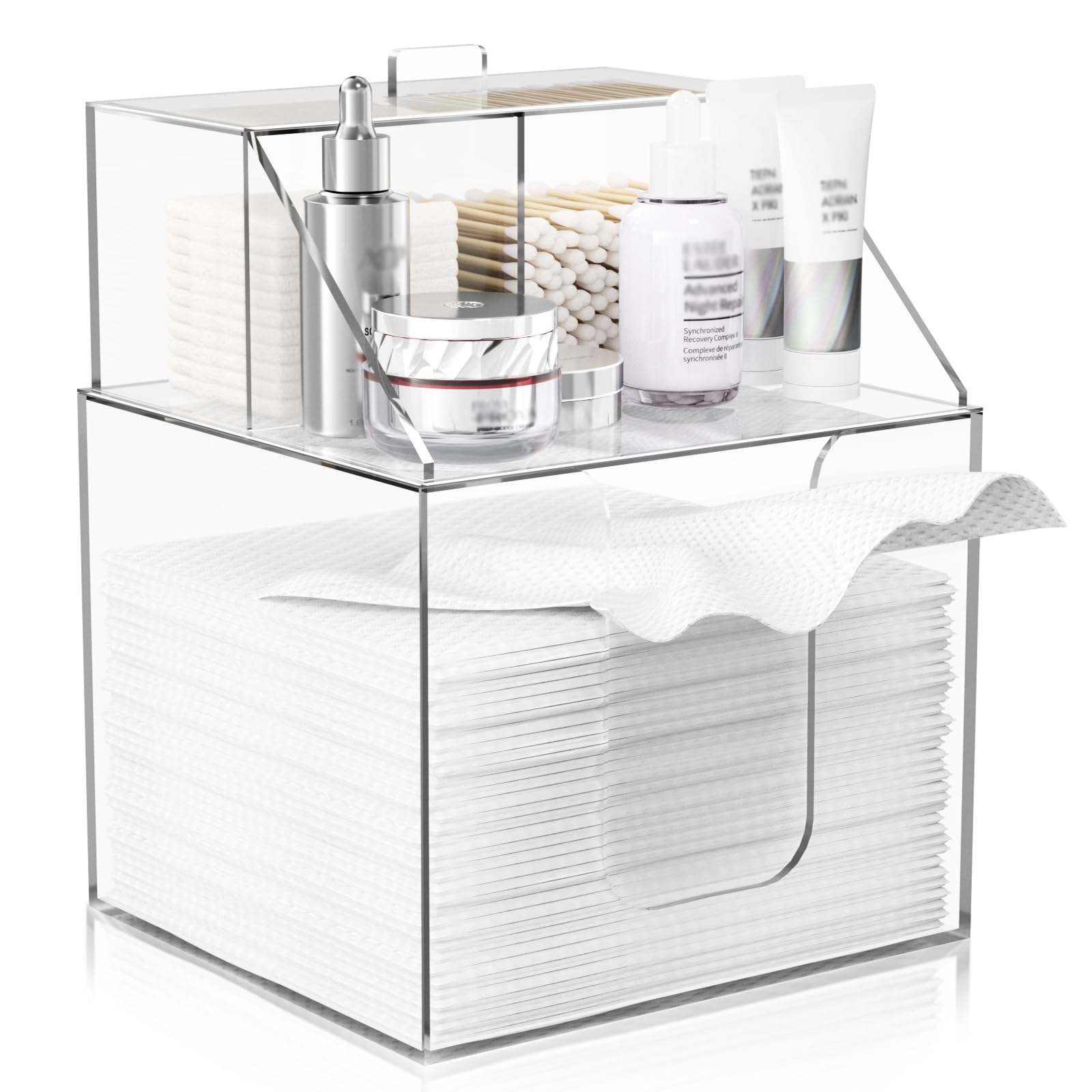 Photo 1 of TAINESS Disposable Facial Towels Storage Box Compatible with Clean Skin Club Clean Towel XL - Cotton Pads - Swabs Upgraded Double Layer Acrylic Storage Container Face Towel Holder (Glossy Clear)