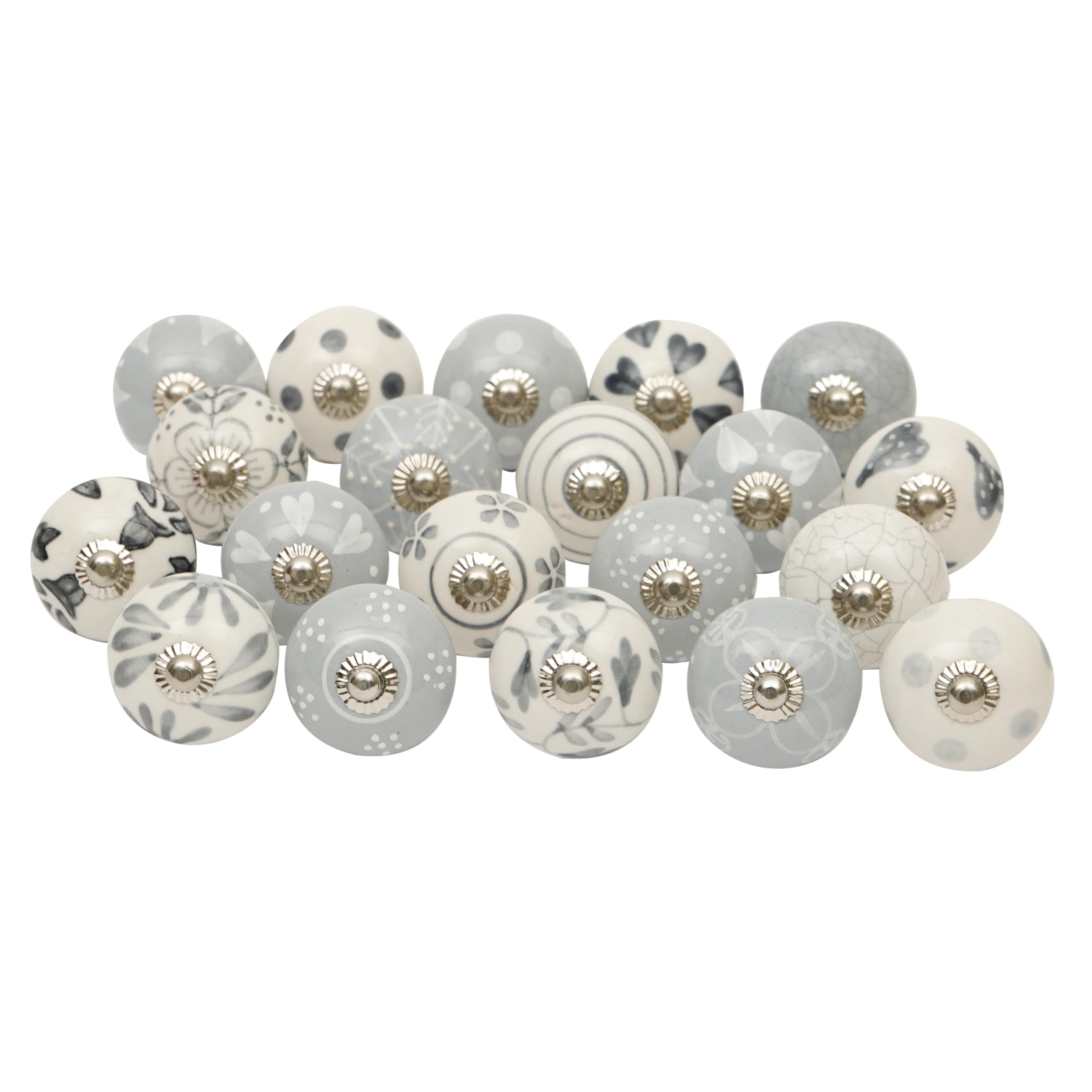 SHYAMVUN Handmade Ceramic Knobs for Drawer | Set of 12 with Antique Printed Pattern, Cabinet Vintage Cupboard Wardrobe Furniture Knobs with Backplate, Bolts & Nuts | 65mm Height, 38mm Diameter