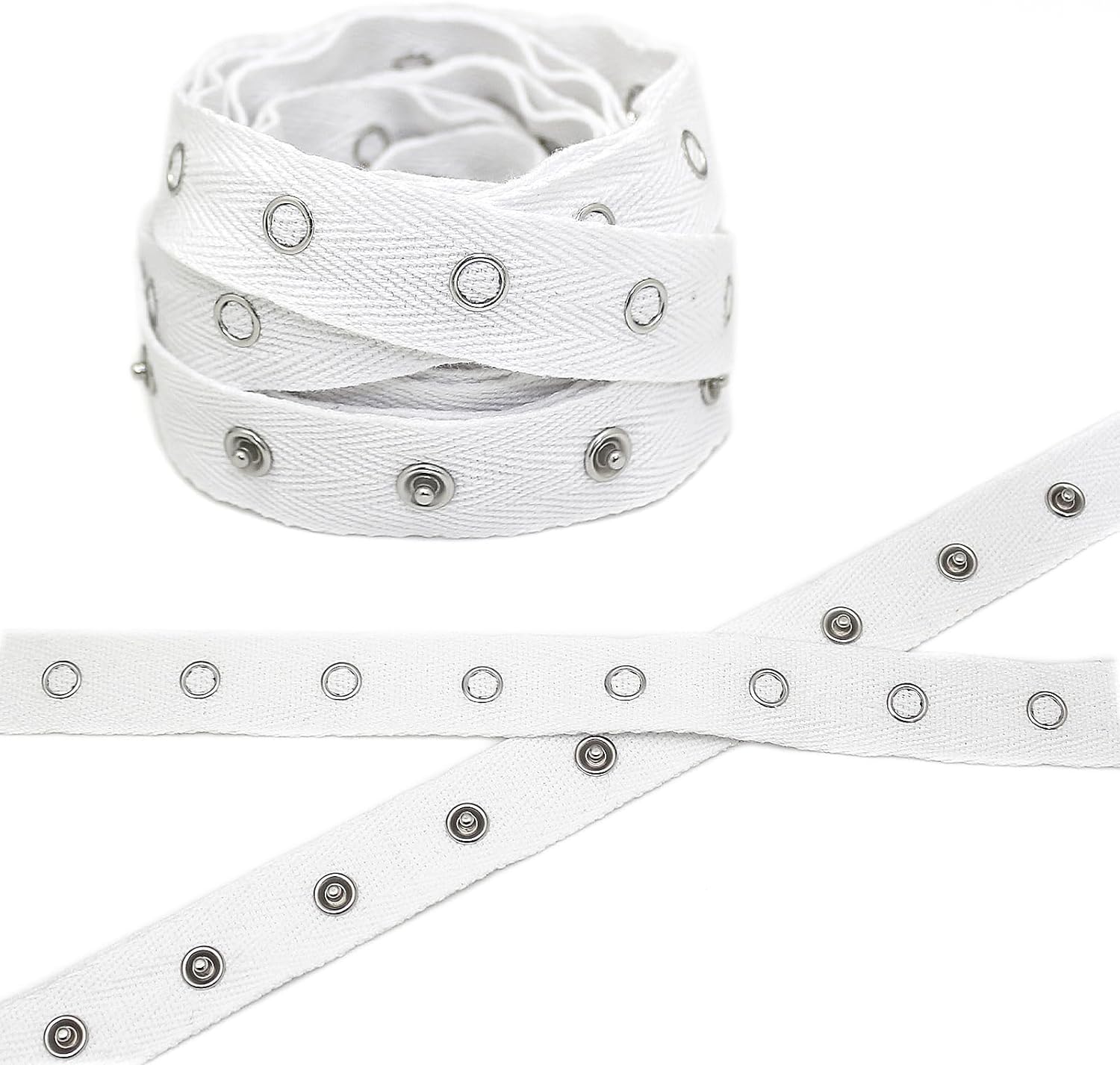 FQTANJU 2 Yards White Cotton Snap Button Trim Metal Snap Tape, Snaps Fastener Button Strips Snap Tape Ribbon for Sewing Cloth, Bodysuits, DIY Crafting and Sewing Projects