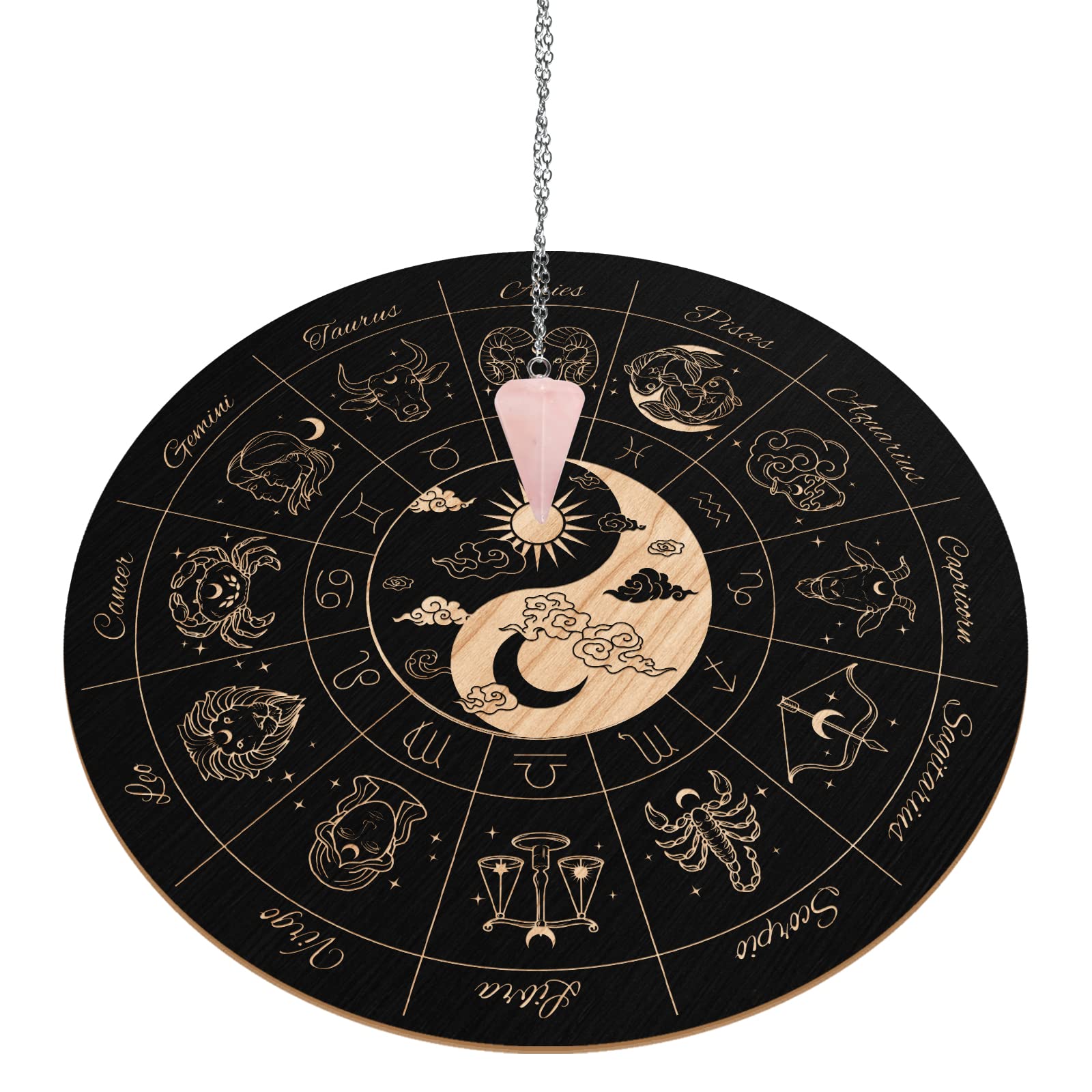 INFUNLY Wooden Pendulum Board Yin Yang Twelve Constellations Witch Dowsing Divination Planchette Board 7.9" Wooden Ouija Boards Metaphysical Message Board for Beginners, Witchcraft Altar
