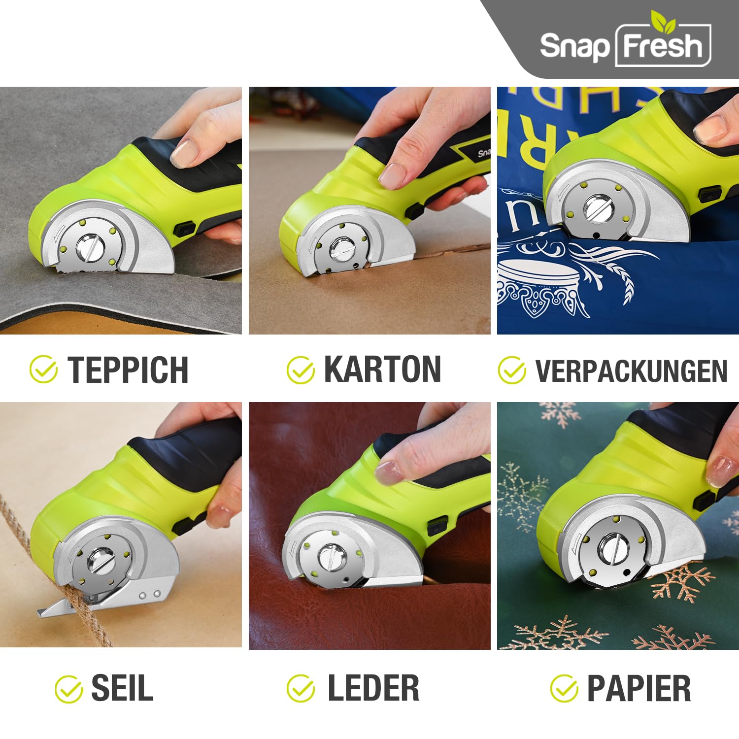 SnapFresh Kartonschneider Elektrische Schere 4V Kabellose Rollschneider Akku-Universalschneider Akkuschere - 2 Selbstschärfende Klingen - für Karton, Pappe, Teppich, Leder, Filz, Kunststoff 3