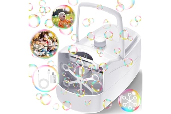 Bubble Machine, Automatic 18000+ Per Minute Big Bubbles Blower Maker for Kids Toddlers with 2 Speeds,6 Wands,Operated by Plugin or Batteries for Outdoor/Indoor Birthday Parties,Wedding (White)