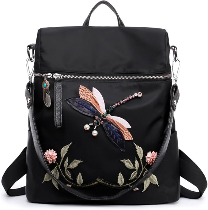 Nova Bolsa Feminina Moda Bordado Libélula Mochila Ao Ar Livre Grande