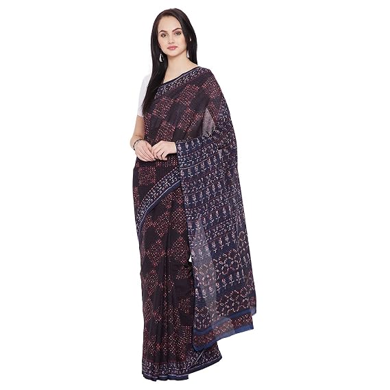 Finest Quality Cotton - Handmade Tarapur print Blue and Red - Block Print Saree with Blouse Piece BAPASA0067