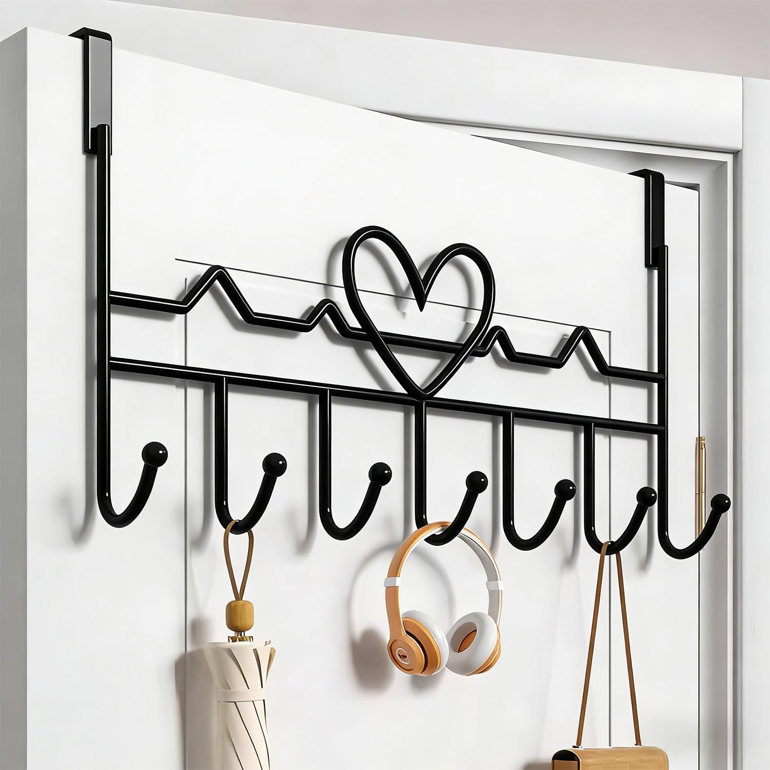 WBDXWB Over The Door Hook, Heart-Shaped Over Door Hanger with Rust Resistant for Coats, Hats, Bags, Clothes, Towels (1 Pack, Black)