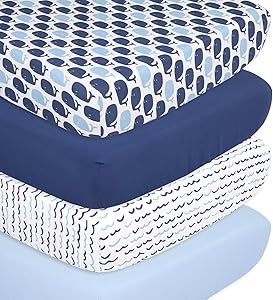 The Peanutshell Nautical Fitted Crib Sheet Set - 4 Pack Nursery Set - Solid Blue, Whale Theme, & Waves