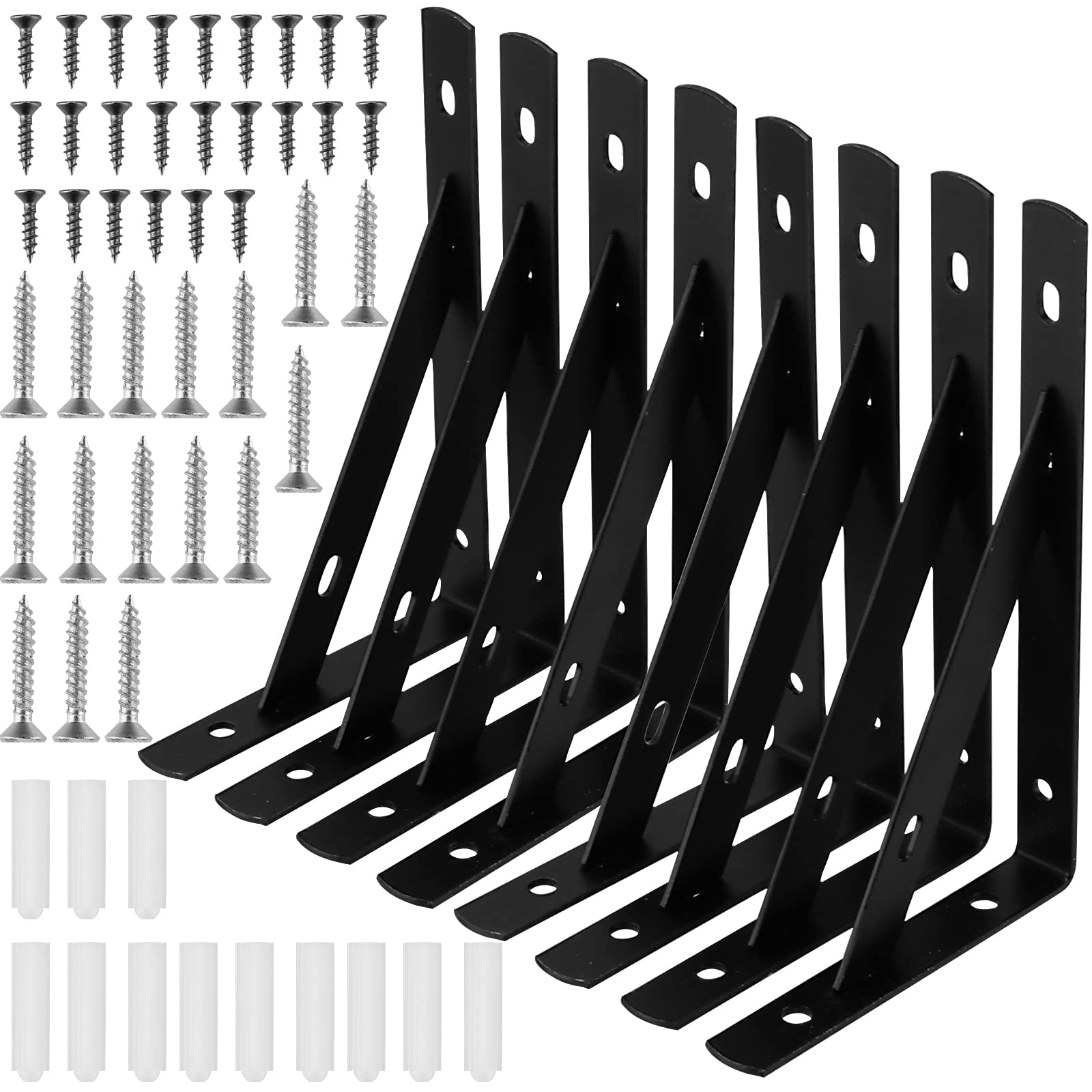 MUKLEI 8 PCS 150mm Black Heavy Duty Shelf Brackets, 90 Degree L Shelf Brackets Wall Mount, Triangle Shelf Support Bracket with Screws Anchors for Bookshelf, Cupboard