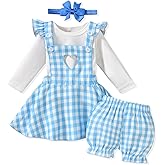 Unutiylo Baby Girl Skirt Sets 4Pcs Infant Long Sleeve Knit Shirt Ruffle Plaid Suspender Dress Shorts with Headband 0-24M