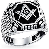 Men's Large Solid Tri Tone Black Inlay Compass Freemason Fleur De Lis Masonic Signet Ring For Men Oxidized Gold- Tone .925 Sterling Silver