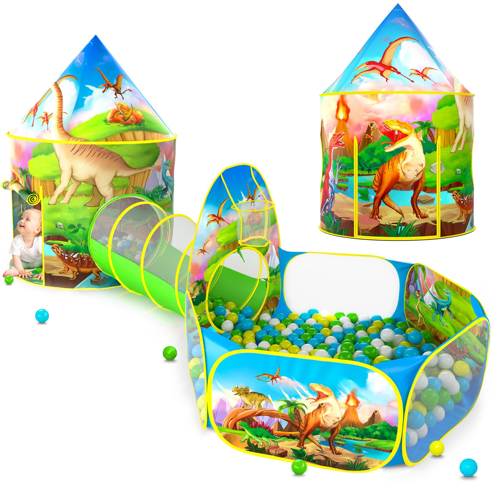 PigPigPen 3pc Dinosaur Play Tent for Kids, Baby Ball Pit, Crawl Tunnel, Castle Tents for Toddlers, Children Indoor & Outdoor Playhouse Toys, Perfect Kid’s Gifts Image