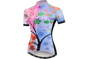 JPOJPO Women Cycling Short Sleeve Jersey Bike Bicycle Clothing Flowers Jacket with Big Reflective Tape