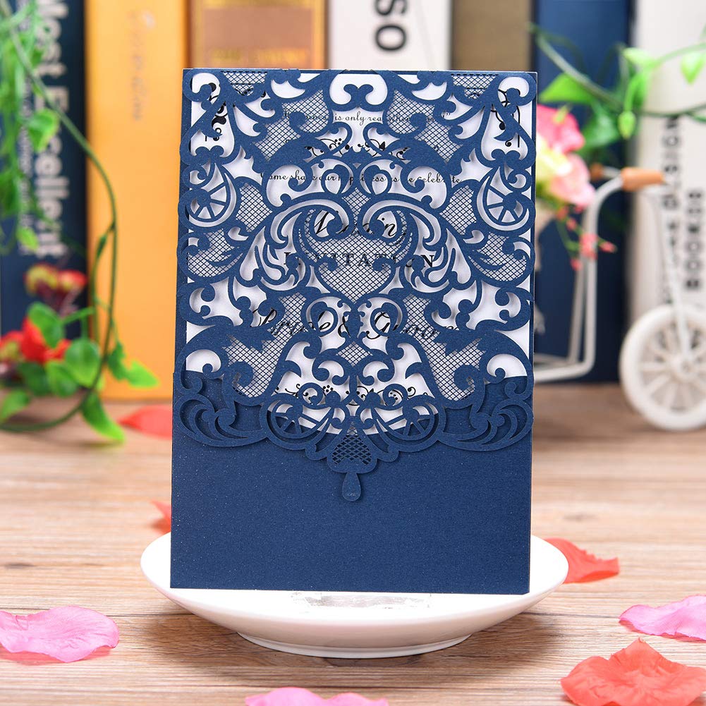 CYSKY Wedding Invitation Card 50 Pack Heart Hollow Invitation Cards with Blank Printable Paper and Envelopes for Wedding,Business,Birthday,Graduation (Blue)