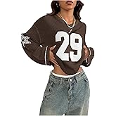 Verdusa Women's Y2k Tops Jersey Shirts Oversized Crochet Graphic Going Out Tops V Neck Pullover Sweater Streetwear Brown Large