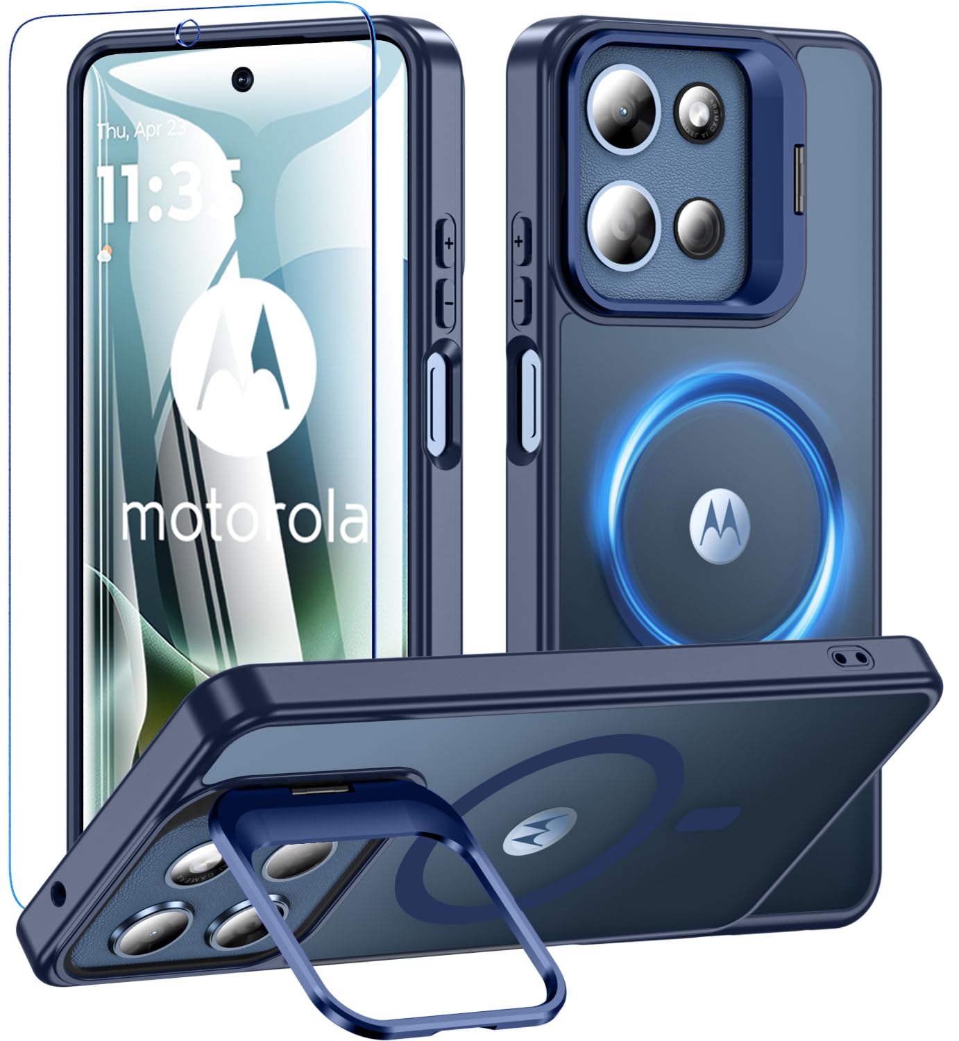 WakongHK for Motorola Moto G 2026/2025 Case Magnetic, with Stash Stand & Screen Protector Military-Grade Shockproof ProtectiveTranslucent Matte Slim Phone Case for Moto G Play 2025/2026-Navyblue