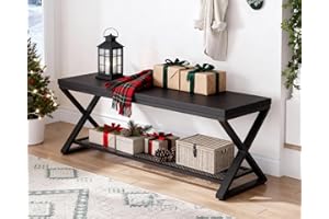 LVB Black Bench, Industrial Entryway Bench with Storage, Indoor Wood and Metal Storage Bench for Living Room Bedroom, Accent Shoe Rack Seating Bench for Hallway Foyer Entrance, Black Oak, 47 inch
