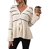 utcoco Women's Striped Peplum Cardigan V Neck Button Down Knit Sweater Flared Hem Baggy Fall Winter Outwear