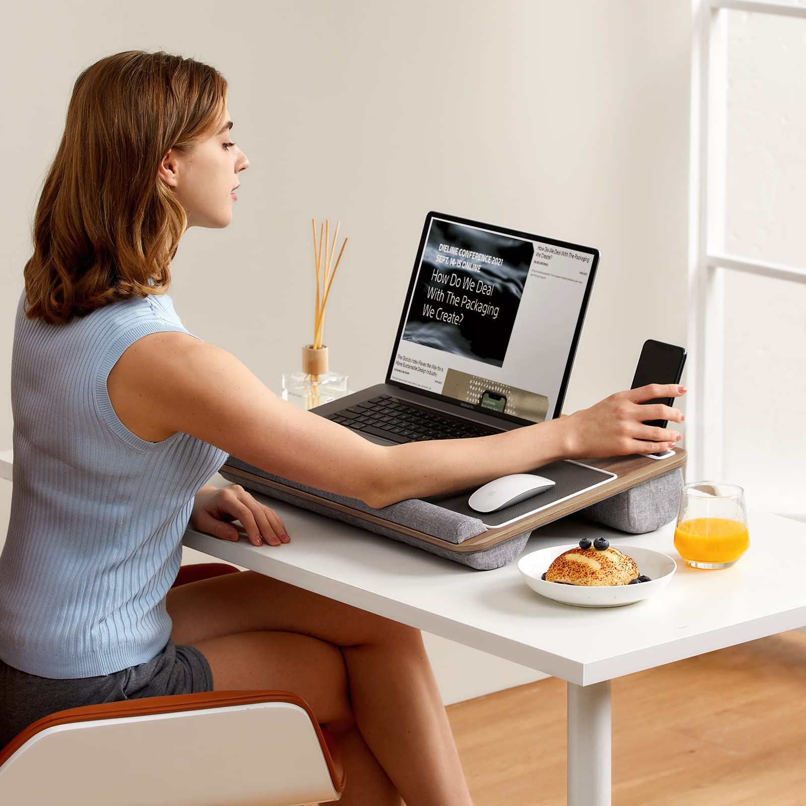 HUANUO Lap Desk - Fits up to 17 inches Laptop Desk, Built in Mouse Pad & Wrist Pad for Notebook, MacBook, Tablet, Laptop Stand with Tablet, Pen & Phone Holder - HNLD6