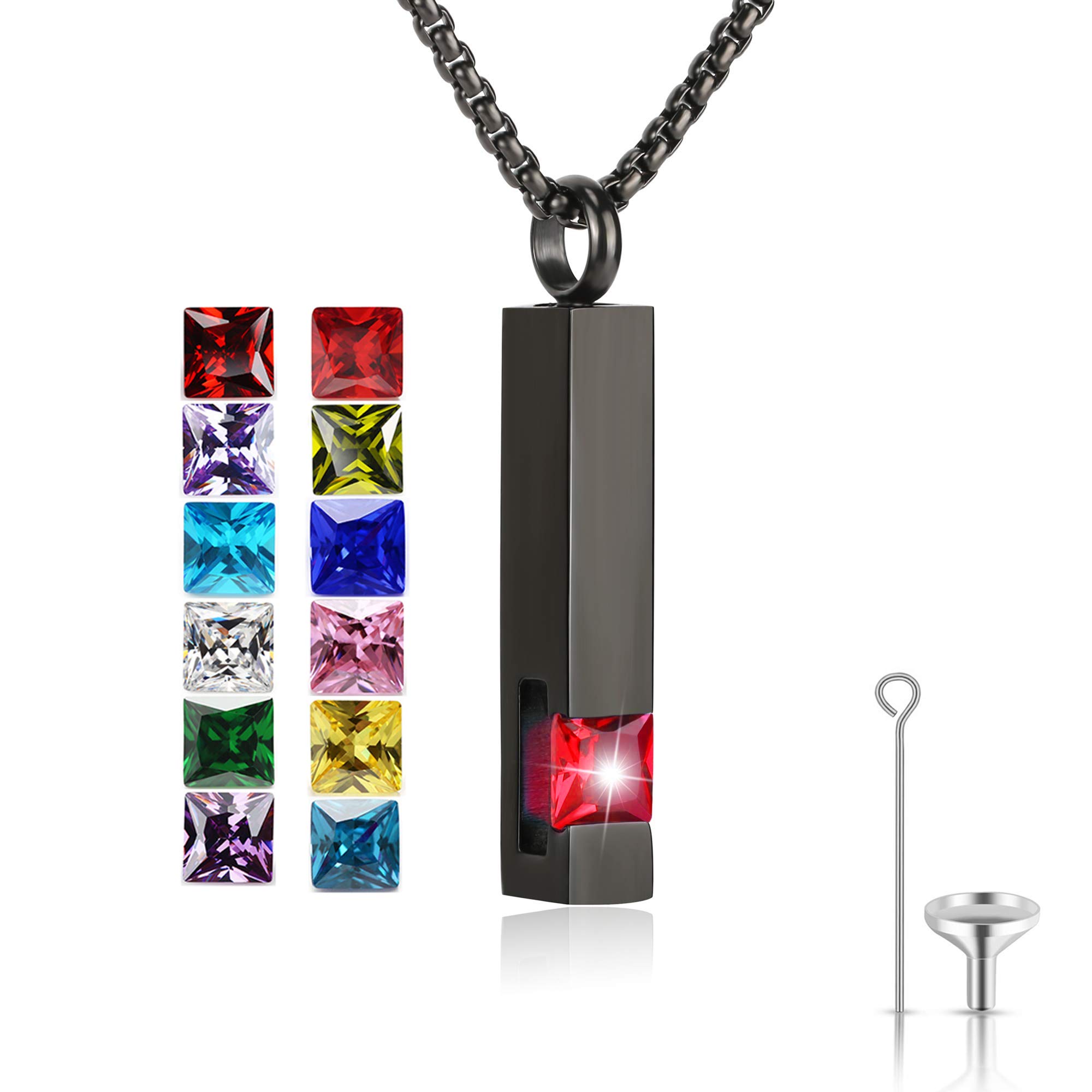 Birthstone Cuboid Locket Urn Necklaces for Ashes Cremation Jewellery Urns for Human Ashes Memorial Urn Keepsake Pendant