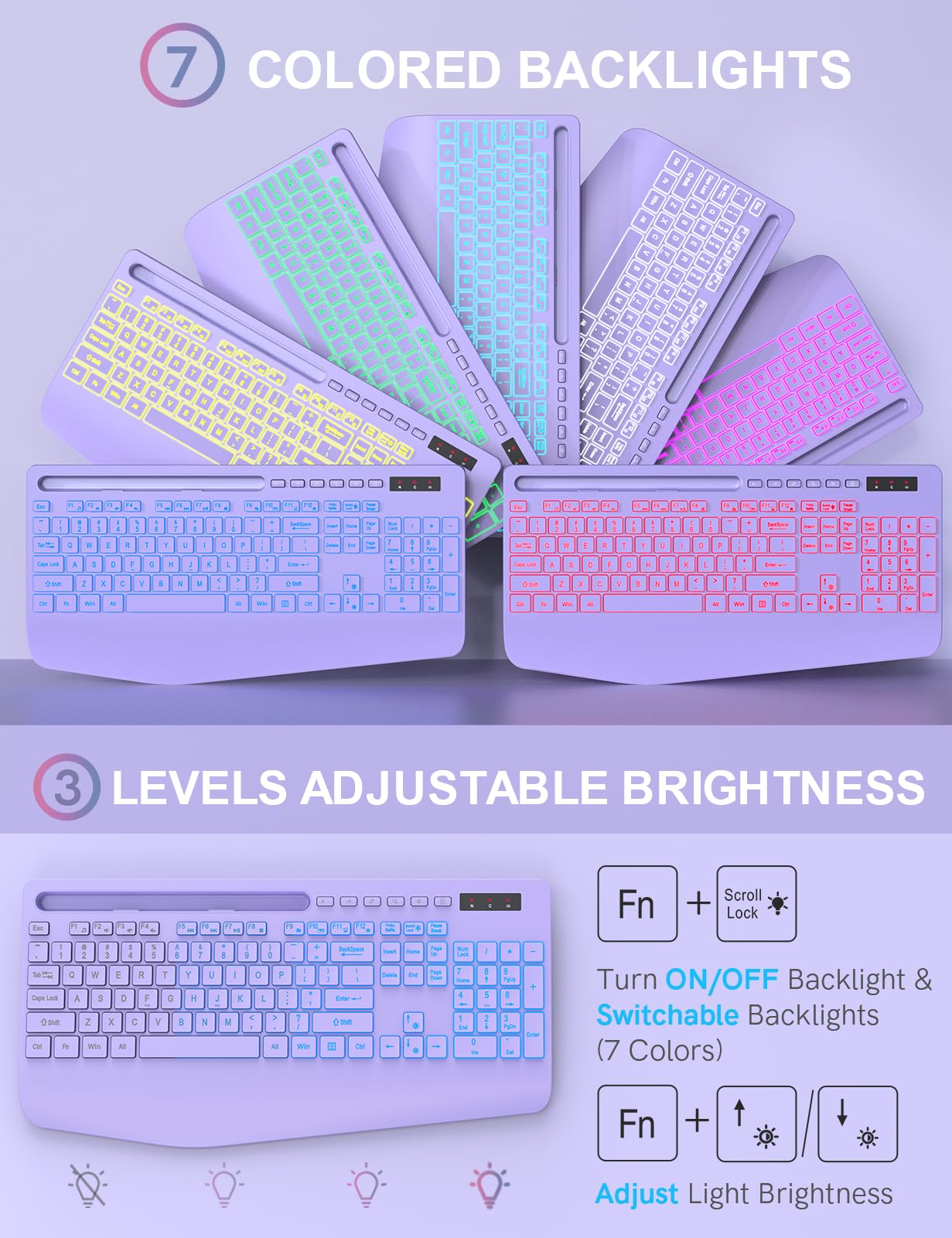 Wireless Keyboard and Mouse Combo - 7Color Backlit, Wrist Rest, Rechargeable, Silent Light Up Keys, Ergonomic Full Size with Phone Holder for Windows, Mac, PC, Laptop, PC - Trueque (Purple)