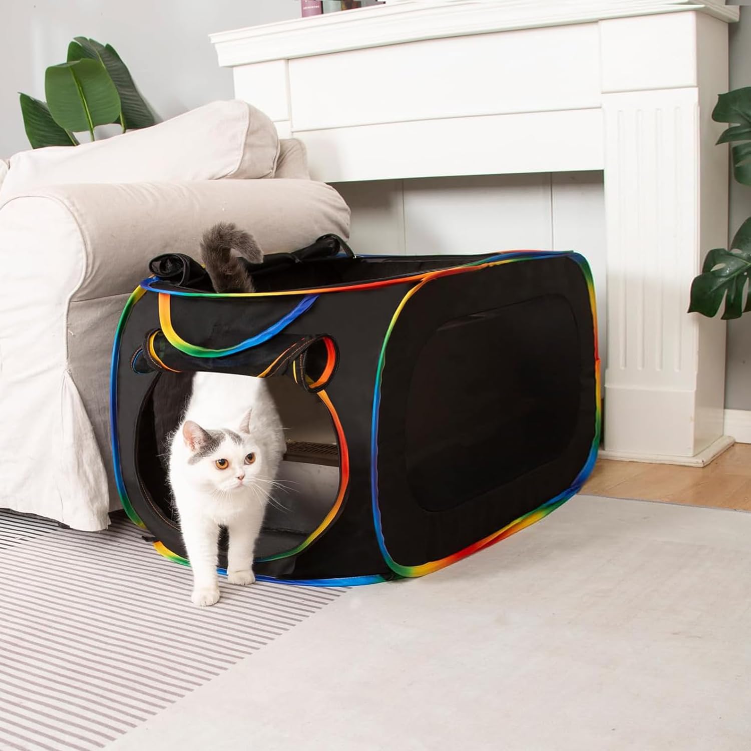 Photo 1 of LUCKITTY Portable Cat Litter Box Enclosure, Pop Up Hidden Litter Box Furniture with Big Pocket for Living Room, Bedroom, Made by Waterproof Oxford & Breathable Mesh, Black-Rainbow, 32" L×19" W×19" H