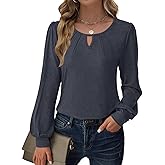 GKBK Women's Long Sleeve Tops Dressy Business Casual Blouses Chiffon Basic Loose Fit V Neck Work Shirt Pleated Keyhole 2025 Fall Winter Clothes Trendy Outfits Navy Blue Large