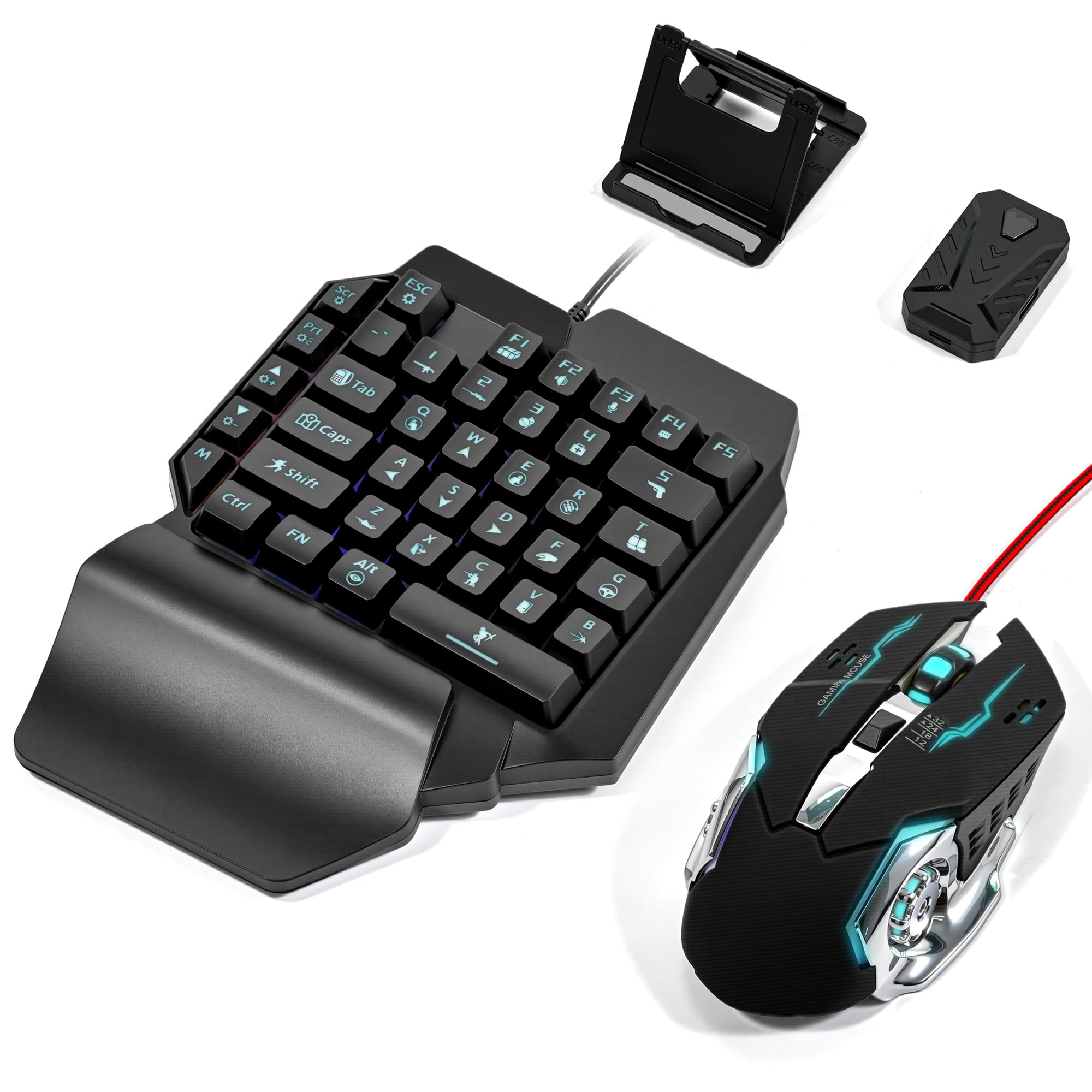 Photo 1 of 4 in 1 Mobile Game Combo Pack, One Handed Gaming Keyboard, Mouse, Converter & Adjustable Phone Stand, Half Keyboard for Mobile Phone Gaming, Fast Charging, No Latency