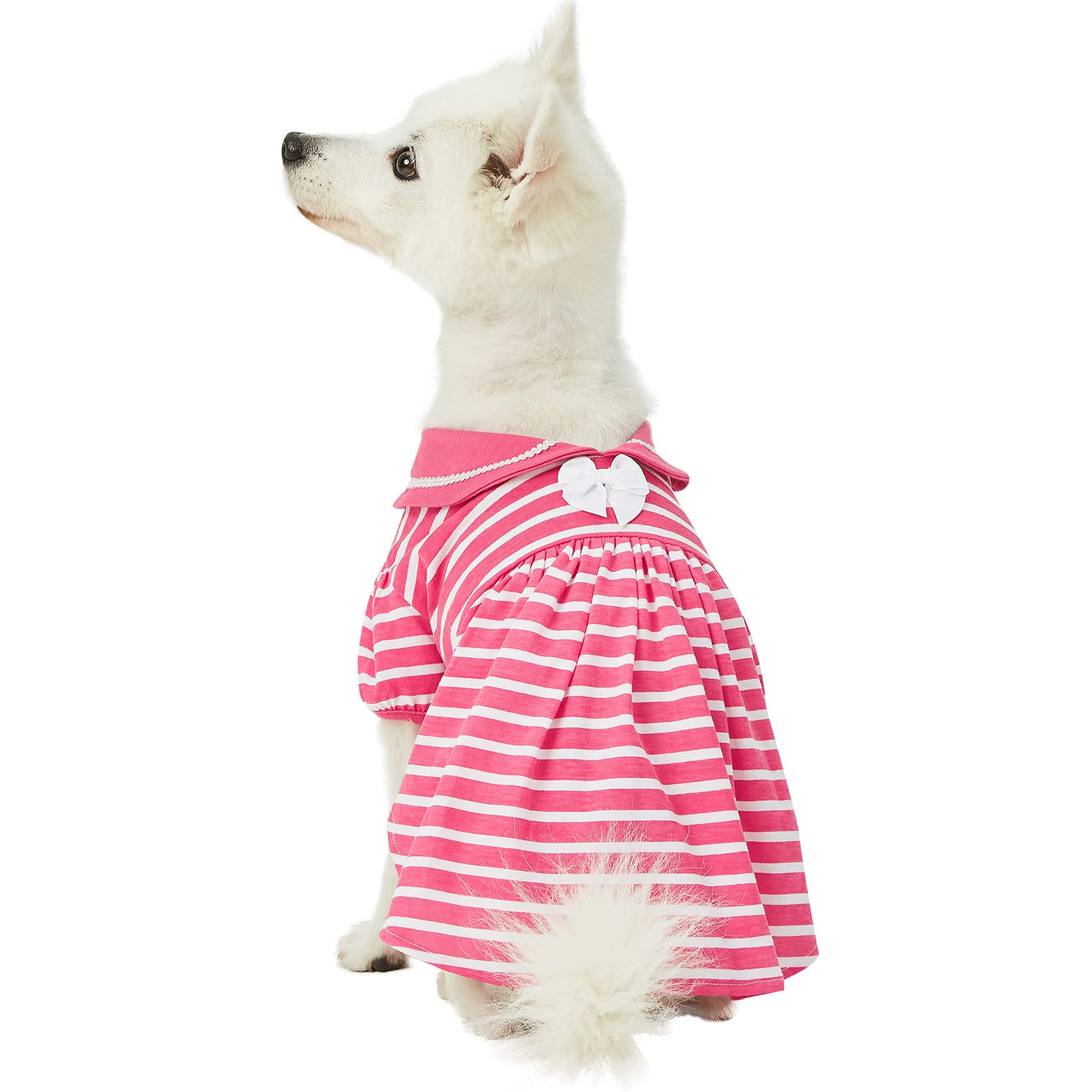 Blueberry Pet Sea Lover Rose Pink Striped Cotton Blend Dog Dress with Bowtie, Back Length 41cm, Pack of 1 Clothes for Dogs