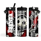Personalized 20oz. Custom Name Soccer Water Bottle with Pop Top Dual Lids, Red and Black Soccer Design for Girls - Perfect for School, Travel, Camping, Parties - Unique Gift