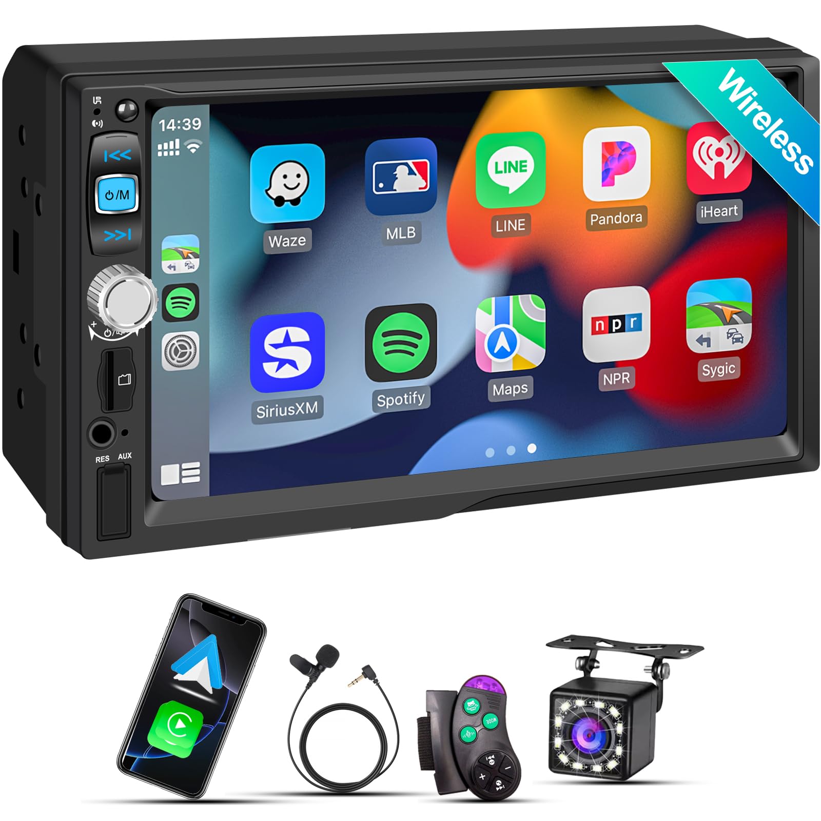 Photo 1 of Wireless Apple CarPlay & Android Auto, Double DIN Car Stereo - 7" IPS Touchscreen 1024*600, FM Car Radio, Bluetooth 5.2, 180W, HD Backup Camera, Subwoofer, USB,SWC, MIC, Car Play Audio Receiver,Dual