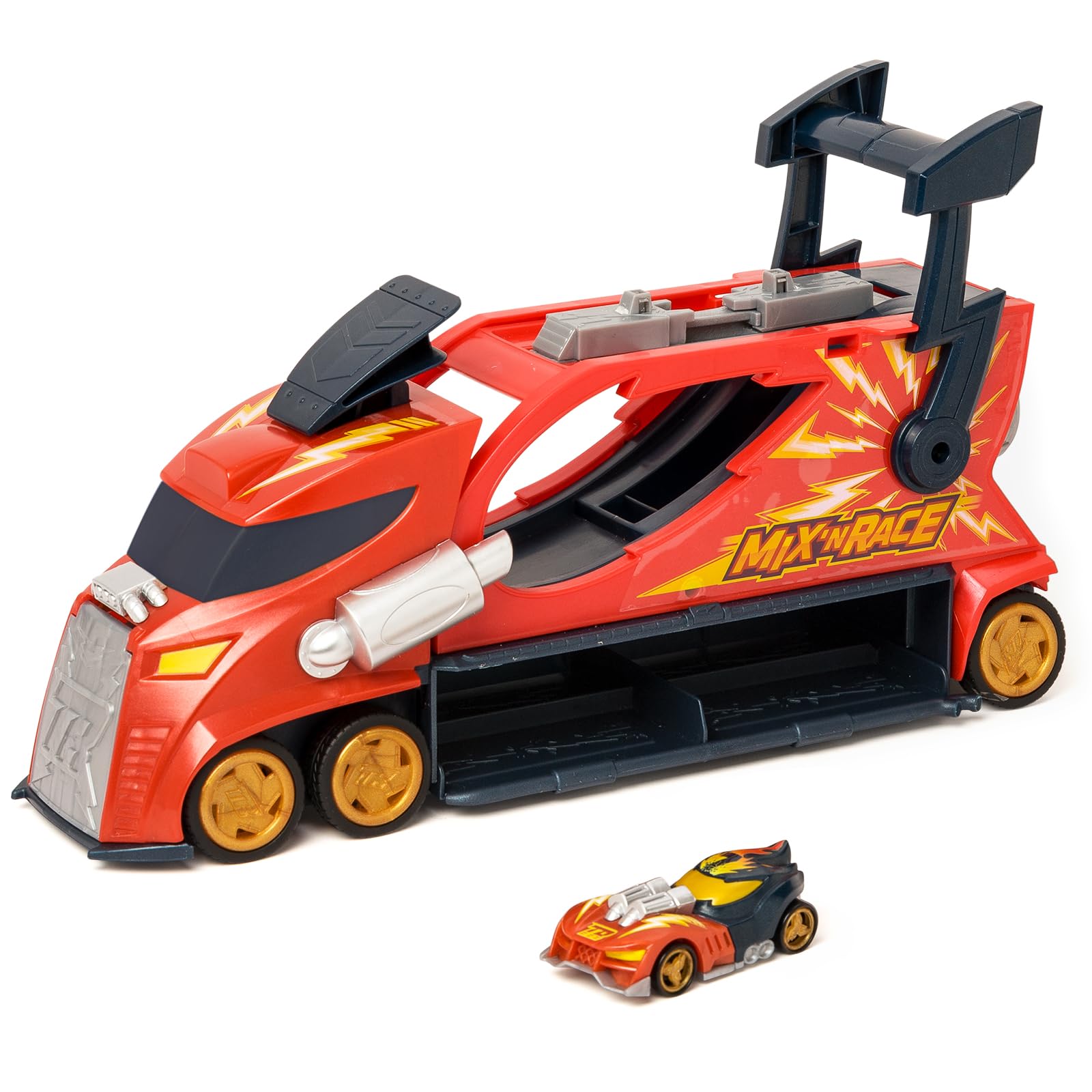 T-Racers Mix 'N Race Thunder Truck – Launcher Truck with 3 actions in 1. Includes 1 Exclusive T-Racer Mix 'N Race Vehicle, Vehicle Riding Area, Launching Handle and Space for 7 Cars
