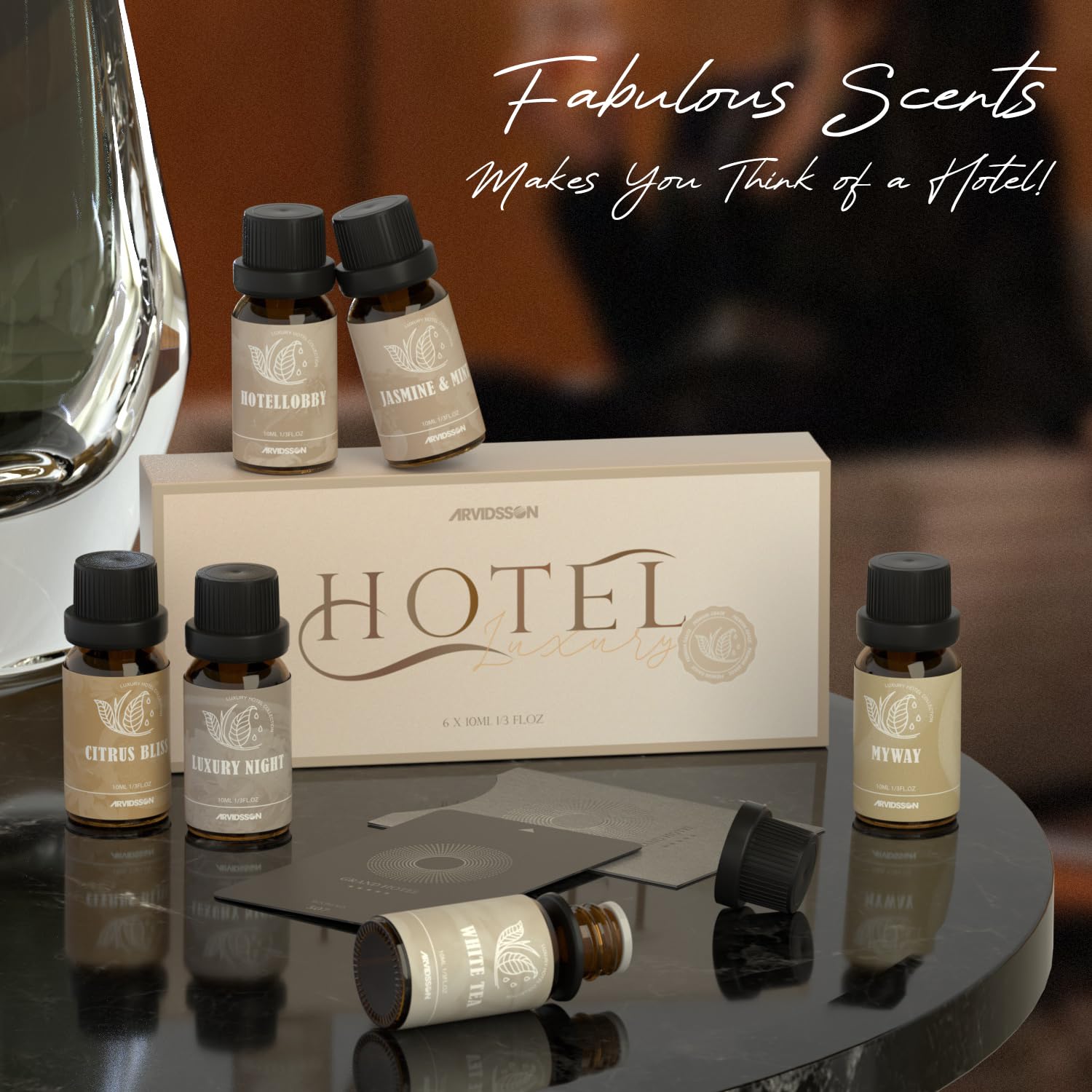 ARVIDSSON Hotel Diffuser Oils Gift Set, Hotel Scent Essential Oils for Diffuser, Luxury Fragrance Oil Blend - Jasmine & Mint, White Tea, Citrus Bliss, M-Way, Fancy Lobby, Gift for Women and Men