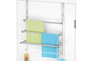 CHJGROUP Over The Door Towel Rack,304 Stainless Steel Towel Rack with 2 Hooks, 3 Tier Towel Bar for Hanging Towels, Over Door Towel Storage Holder for Bathroom