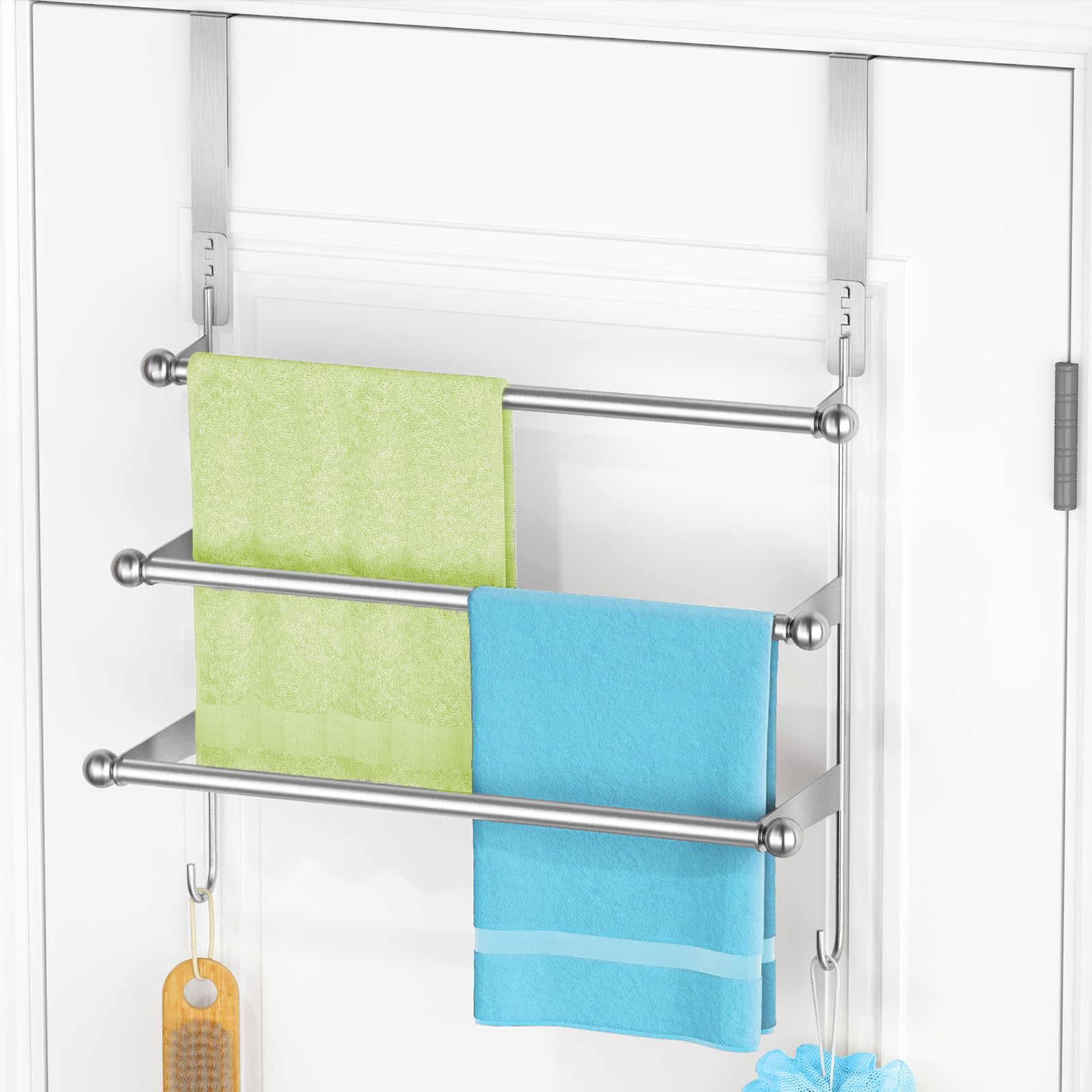 Photo 1 of Over The Door Towel Rack,304 Stainless Steel Towel Rack with 2 Hooks, 3 Tier Towel Bar for Hanging Towels, Over Door Towel Storage Holder for Bathroom