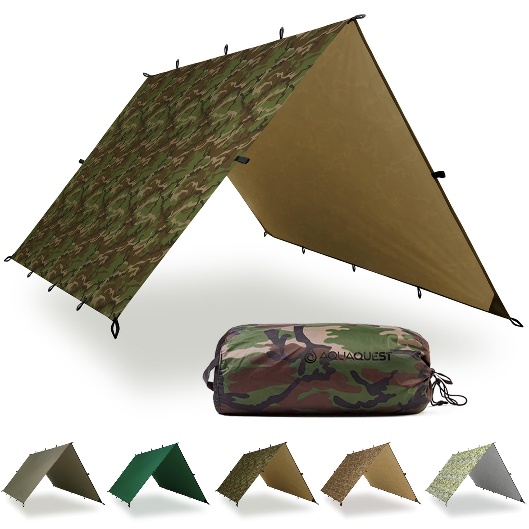 AQUAQUEST DEFENDER Waterproof Camping Tarp - Heavy Duty Tent Shelter or Rain Fly - Camping Essentials for Hiking, Bushcraft & Hammock, 4 x 3 m Woodland Camo