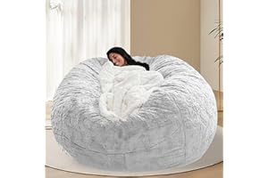 BCU 7FT Big Bean Bag for Adults Kids Without Filling Oversized Bean Bag Chair Cover for Stuffed Animal Storage, Silver White