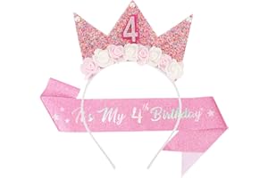 SuPoo 4th Birthday Sash & Girl Headband Crown Set - Decorations for Girl Flower Princess Tiara, Glitter Pearl Hair Band, 4 Year Old Happy Party Gift Outfit