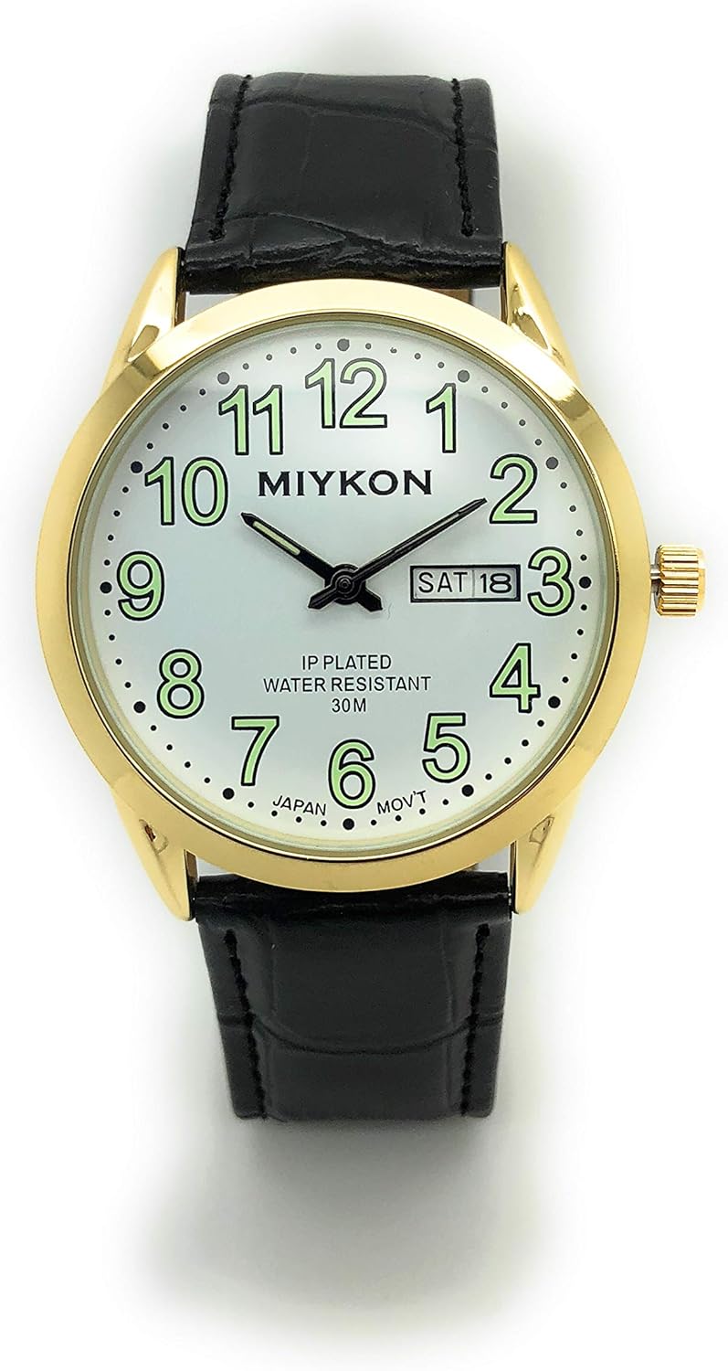 Mens Water Resistant Miykon Watch Day Date Leather Band Fashion Watch