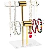 SHUNKAIZS Acrylic Bracelet Holder, Necklace Holder Display Stand, 2 Tier T-Bar Jewelry Organizer, Stainless Rod Tangle-free Countertop Jewelry Rack for Vendors Retail Store Home, Gfit for Women