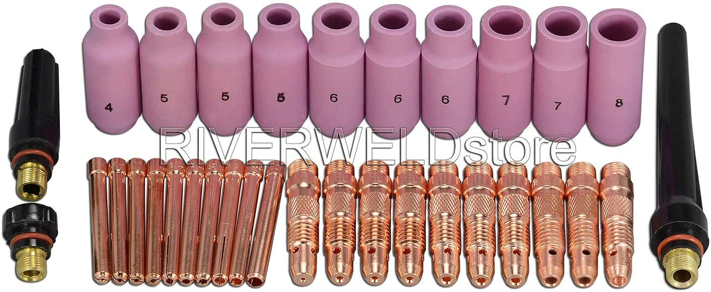 RIVERWELD TIG Collet Body 10N30(Ø1.0mm) 10N31(Ø1.6mm) Alumina Nozzle 10N50#4 10N49#5 10N48#6 10N47#7 Back Cap 57Y02 57Y03 57Y04 Assorted Size Kit Fit DB SR WP-17 18 26 TIG Welding Torch 33pcs