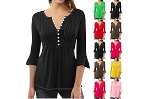 YAFINMO Womens Tunic Tops Trendy Vintage Boho Shirts Bell Sleeve Notch V Neck t-Shirt 2024 Casual Summer Blouse Empire Waist