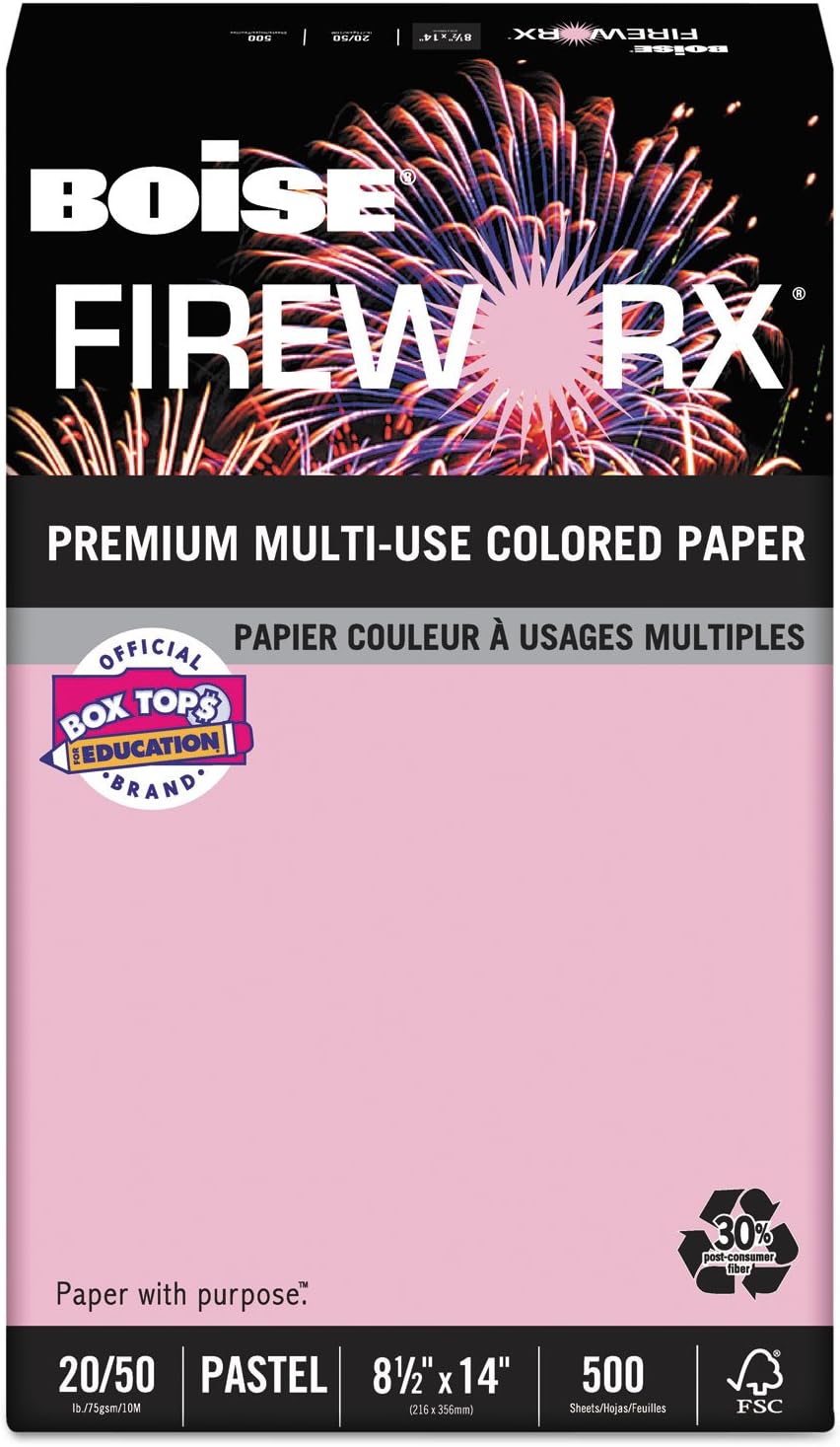 BOISE CASCADE FIREWORX Colored Paper, 20 lb, 8-1/2 x 14 Inches, Powder Pink, 500 Sheets/Ream (CASMP2204PK)