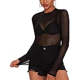 AKEWEI Womens Mesh Long Sleeve Tops Crew Neck Sexy See Through Tee Shirts Party Club Night Lace Blouse