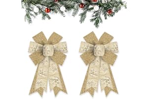ABTOLS 2PCS Christmas Wreath Bows, Gold Glitter Bows for Wreath Xmas Decor Bow for Front Door Christmas Snowflake Tree Topper Bows for Winter New Year Wall Ornaments Home Indoor Outdoor Decor