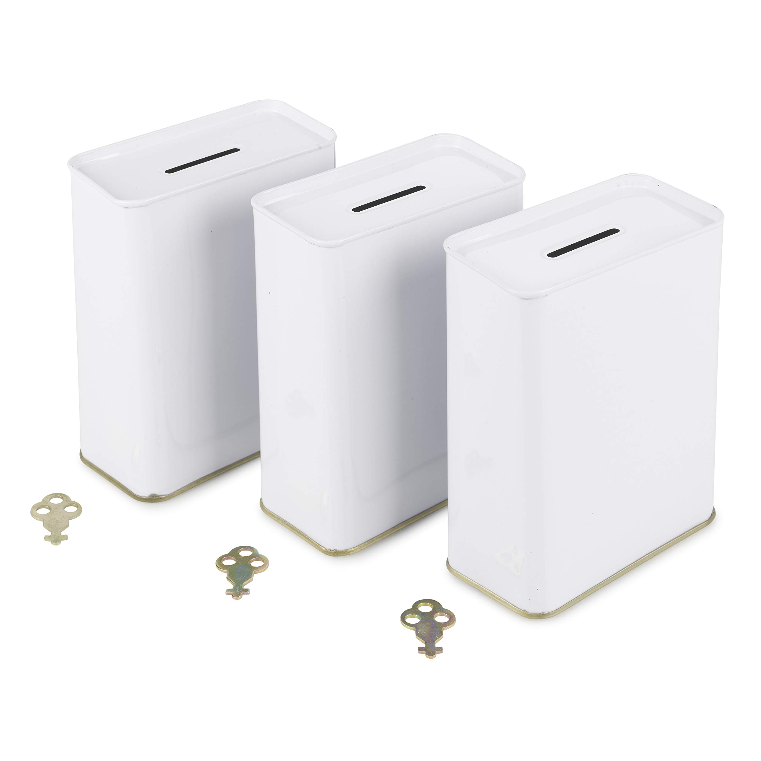 Pack of 3 White Tin Donation Box Money Holder Can with Lock - Blank - one Key
