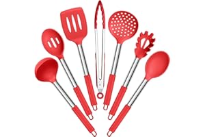 E-far Silicone Cooking Utensils Set, 7 Pcs Heat Resistant Kitchen Utensils with Stainless Steel Handle, Slotted Turner, Spoon