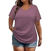 VISLILY Plus-Size-Womens-Summer-Tops Casual V-Neck T Shirts Raglan Lace Dotted Short Sleeve Tunics Cute Trendy Blouses XL-5XL