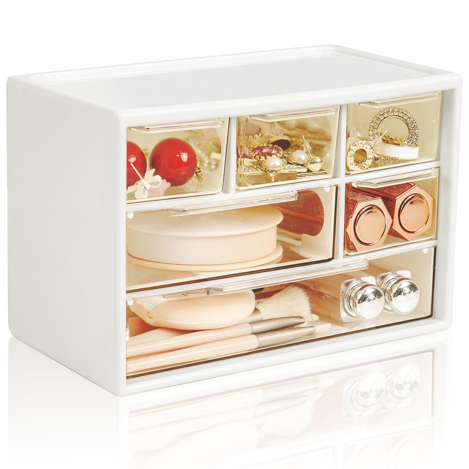 Photo 1 of Mini Desk Storage Organizer with 6 Drawers, FODIENS Stackable Desktop Craft Drawer Cabinet, Clear Storage Box Caddy for Makeup Jewelry Office Craft Supplies (White)